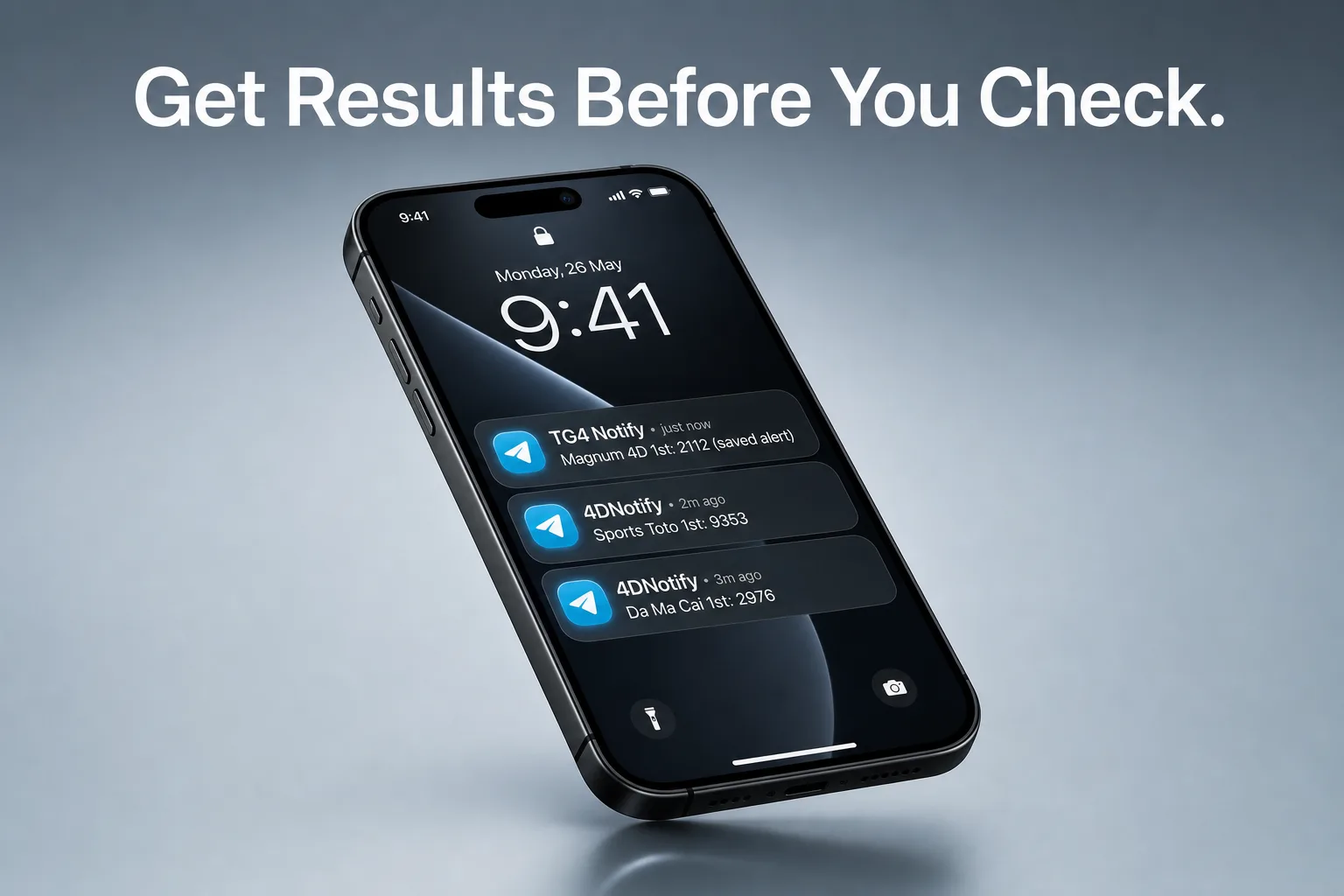 4DNotify · Telegram alert preview when your number hits